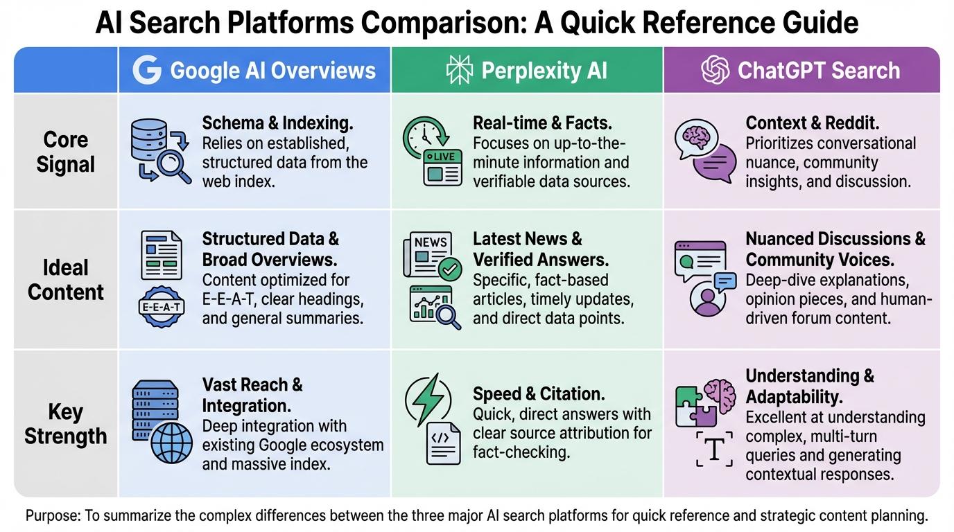 Comparison matrix of AI search engines (Google vs. Perplexity vs. ChatGPT) and their ranking preferences