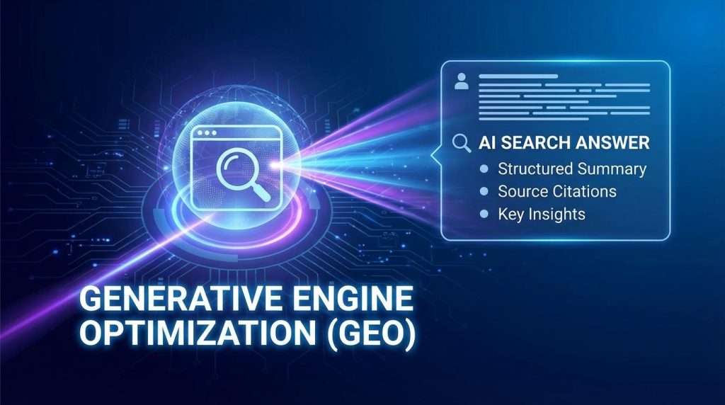 A futuristic visualization of a website being analyzed and synthesized by an AI neural network into a clean search answer