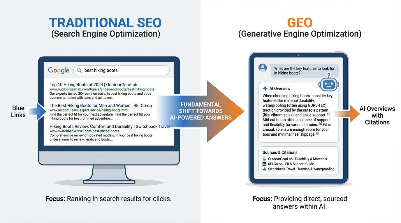 Comparison diagram: Traditional SEO (List of blue links) vs. GEO (Synthesized AI answer with citations)