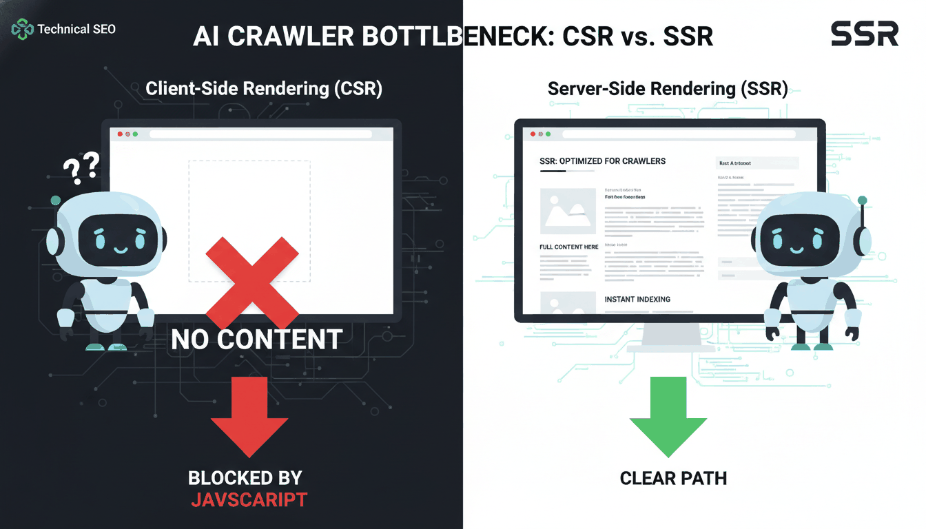 A technical comparison showing a 'Blind' AI bot struggling with Client-Side Rendering vs. an 'Informed' bot seeing a full SSR page.