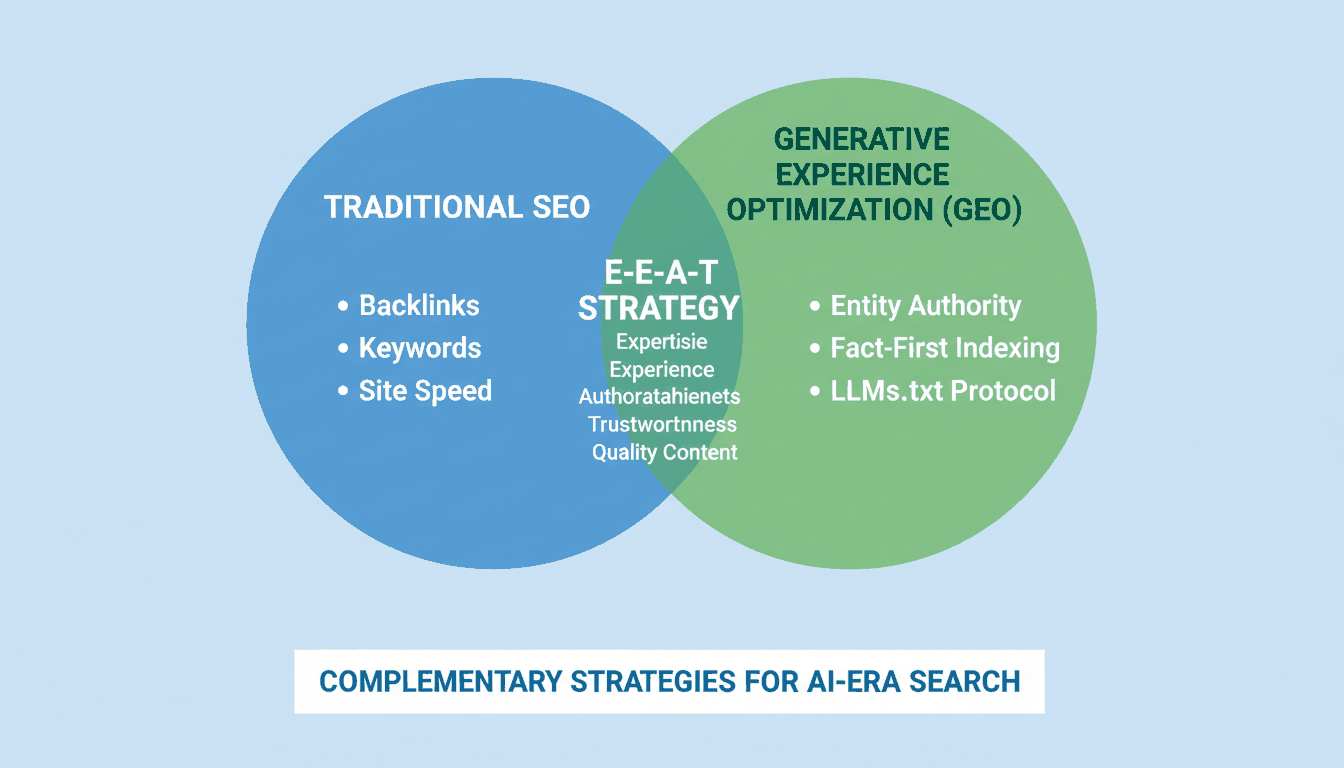 A Venn diagram showing the overlap between Traditional SEO (Keywords, Links) and GEO (Entities, Citations, Extractability).