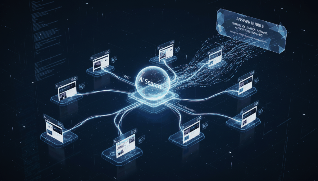 A visually striking conceptual image of a brain-like AI network extracting key data from a digital library, representing the shift from links to direct answers.