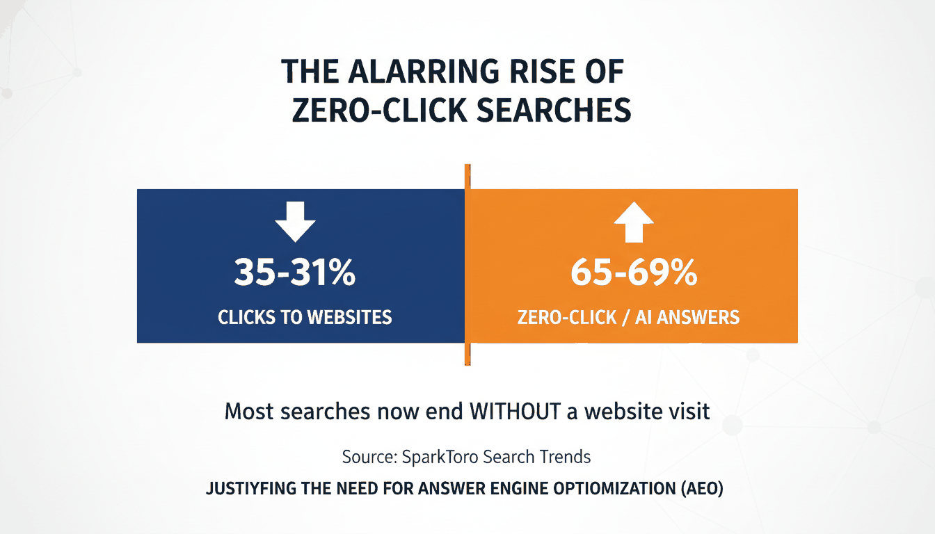 A comparison chart showing the decline of clicks (Zero-Click search data) and the rise of AI-synthesized answers.