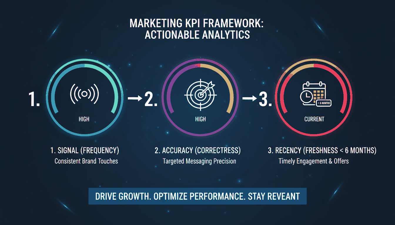 A dashboard-style layout showing the 3 new KPIs: AI Signal Rate, Answer Accuracy, and Citation Recency.