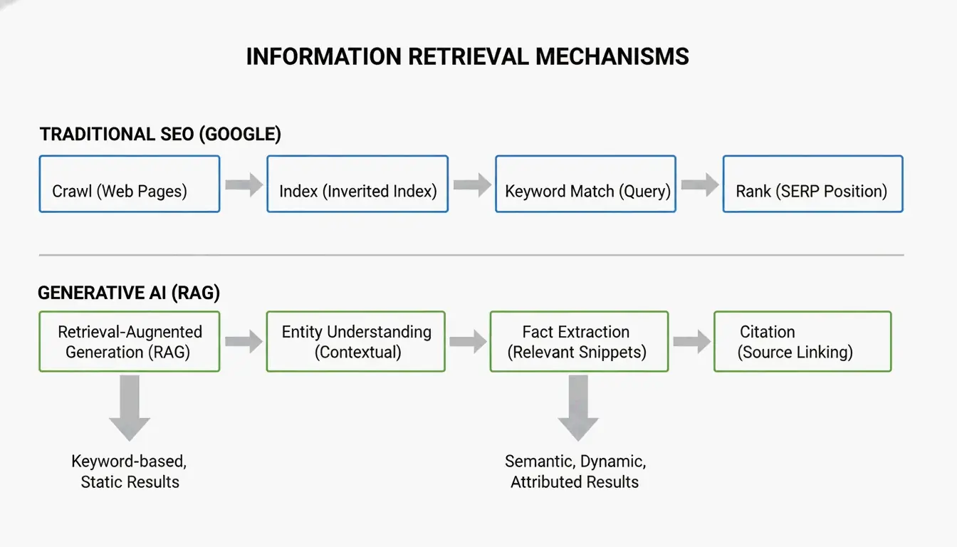 Comparison diagram showing the Traditional SEO (Crawl-Index-Rank) vs. GEO (RAG-Summarize-Cite) models.
