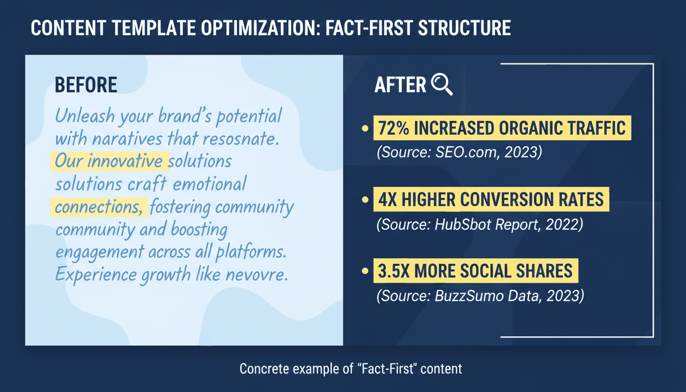 A side-by-side comparison of a traditional narrative paragraph vs. a "Fact-First" GEO-optimized paragraph.