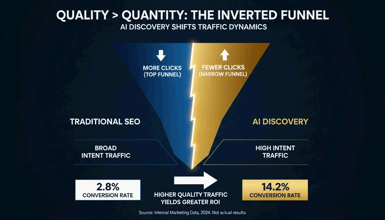 'The Inverted Funnel' visualization showing how AI filters traffic: lower volume but higher intent/conversion.