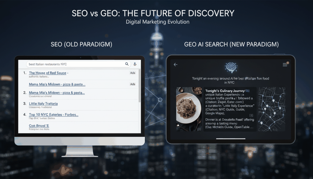 A visual metaphor showing the evolution from a search engine result page (blue links) to a generative AI response interface.