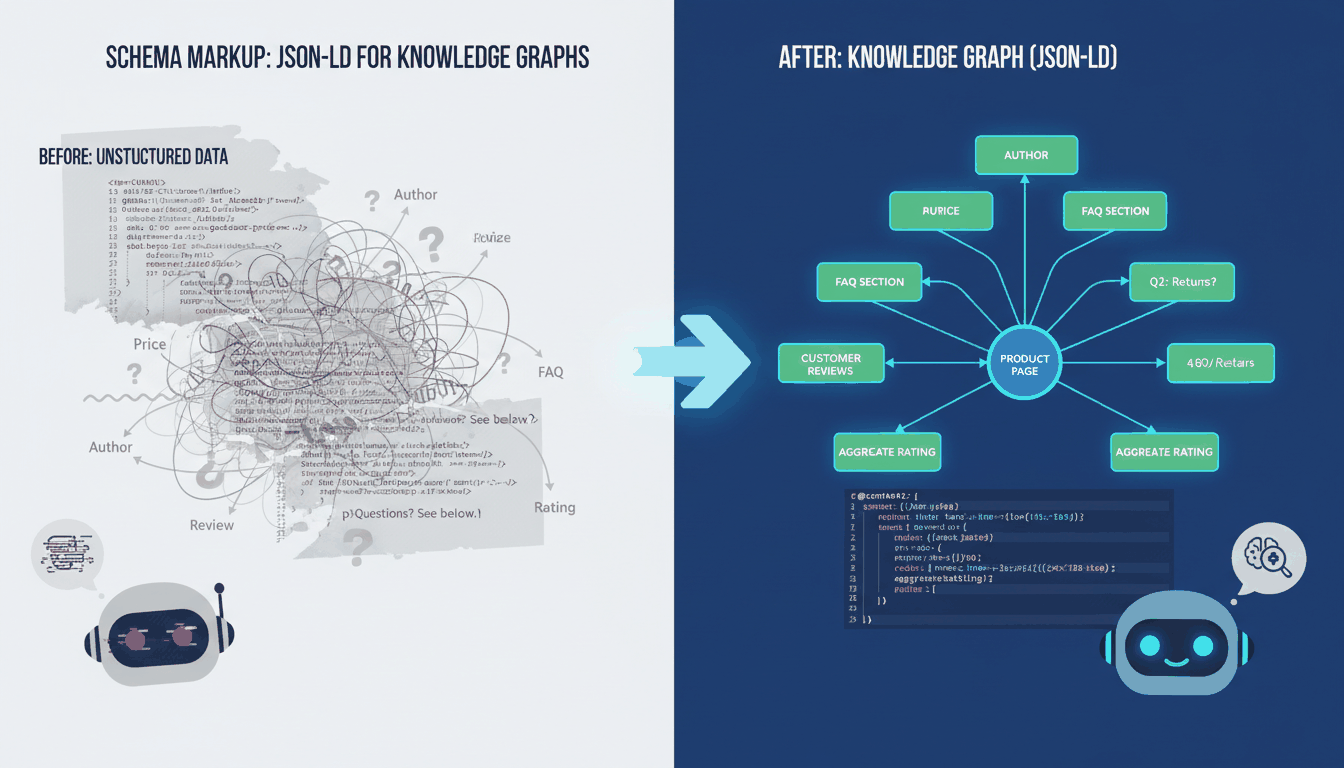 A visualization of how Schema Markup translates messy HTML into a structured Knowledge Graph that AI can 'read'.