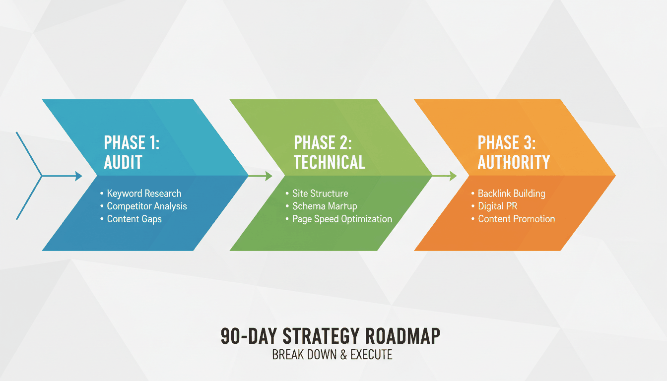 A 3-phase horizontal timeline/roadmap showing the progression from Auditing to Technical Readiness to Authority Building.