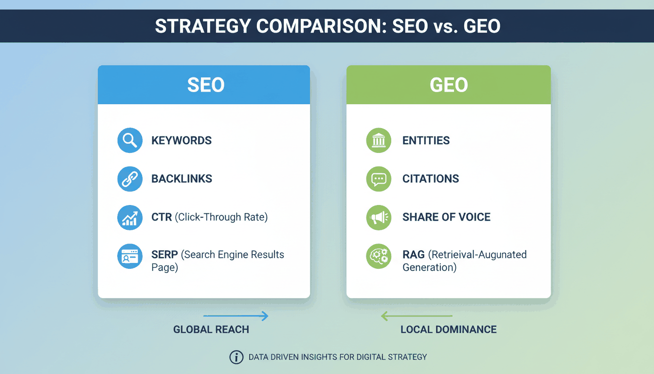 A comparison chart between SEO and GEO metrics: CTR vs. Citation Share, SERP vs. RAG, and Links vs. Data Points.