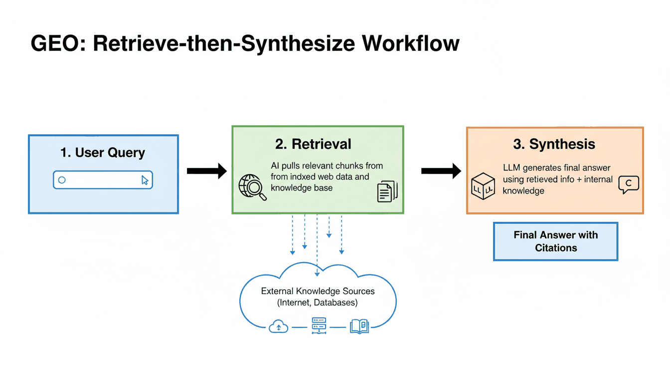 The "Retrieve-then-Synthesize" workflow compared to the traditional "Index-and-Rank" SEO model.