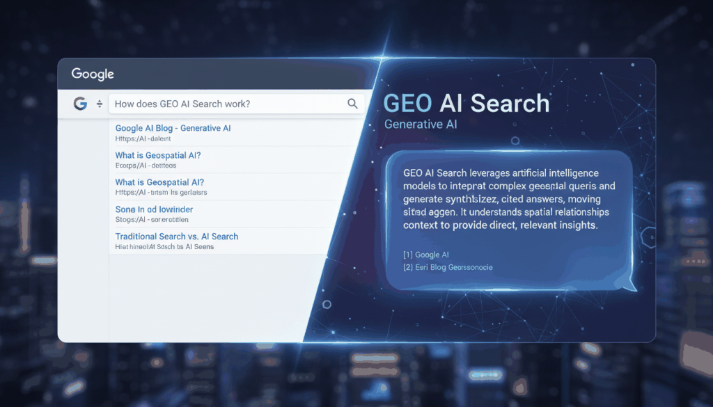 A futuristic visualization of content being synthesized by an AI engine into a direct answer with citations.