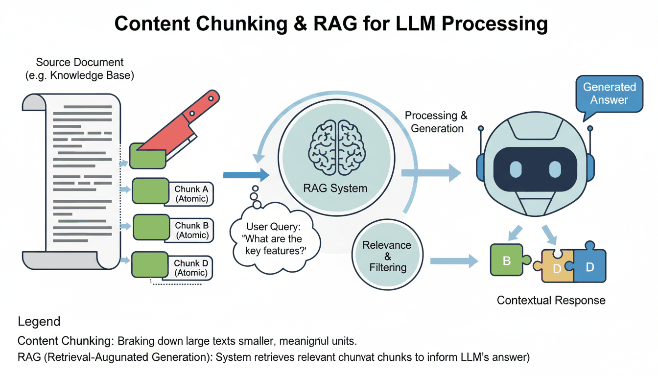 A visualization of 'Content Chunking' showing how a long article is broken into 'Atomic Units' that a RAG system can easily retrieve.