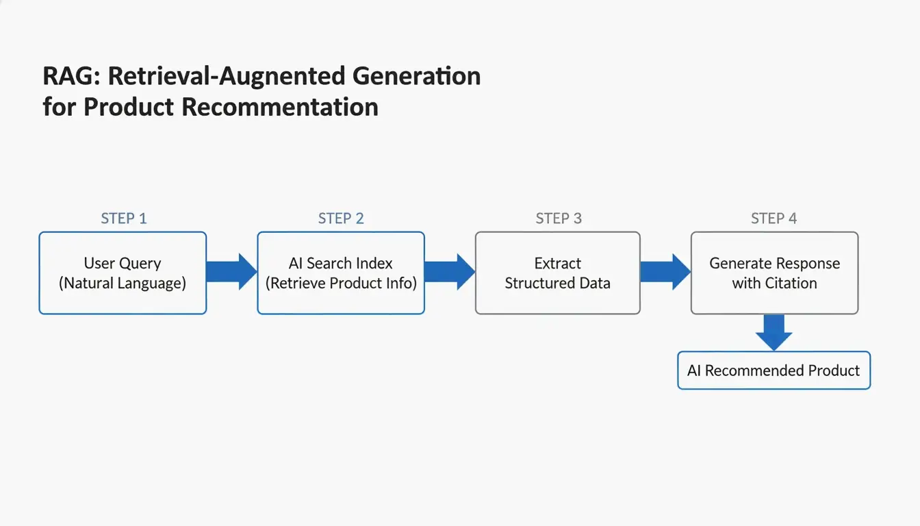 Simplified RAG workflow: user query -> AI search -> extract structured data -> generate recommendation with citation