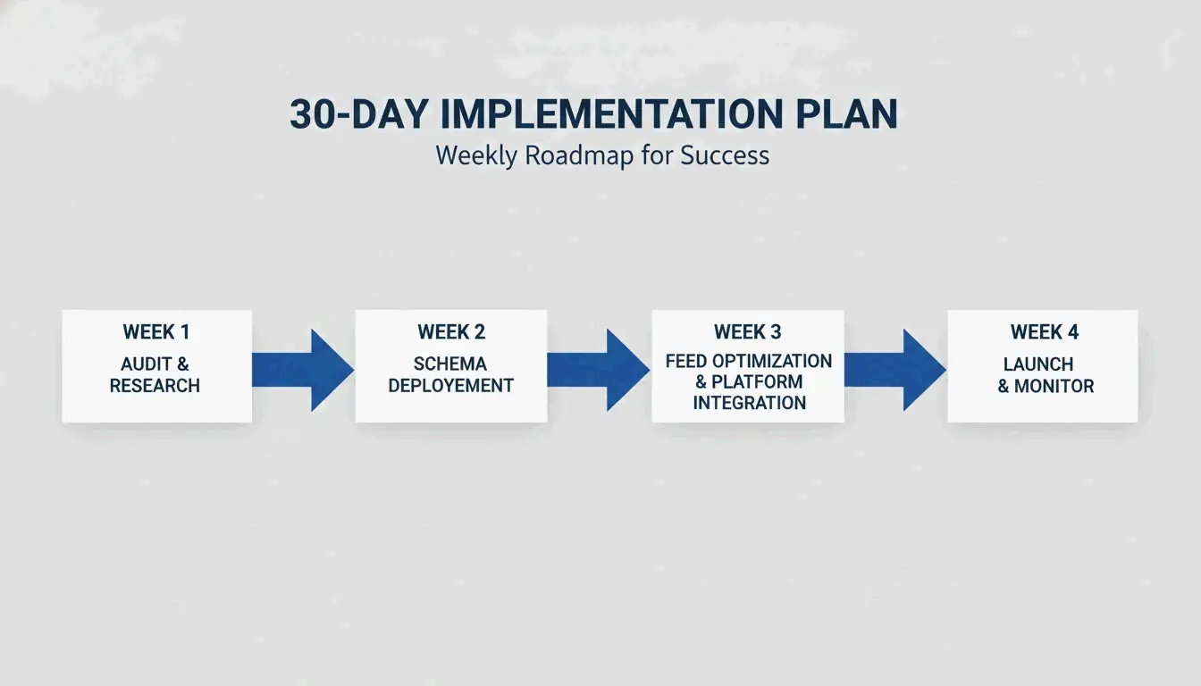 4-week GEO implementation roadmap: audit -> schema -> feed -> launch