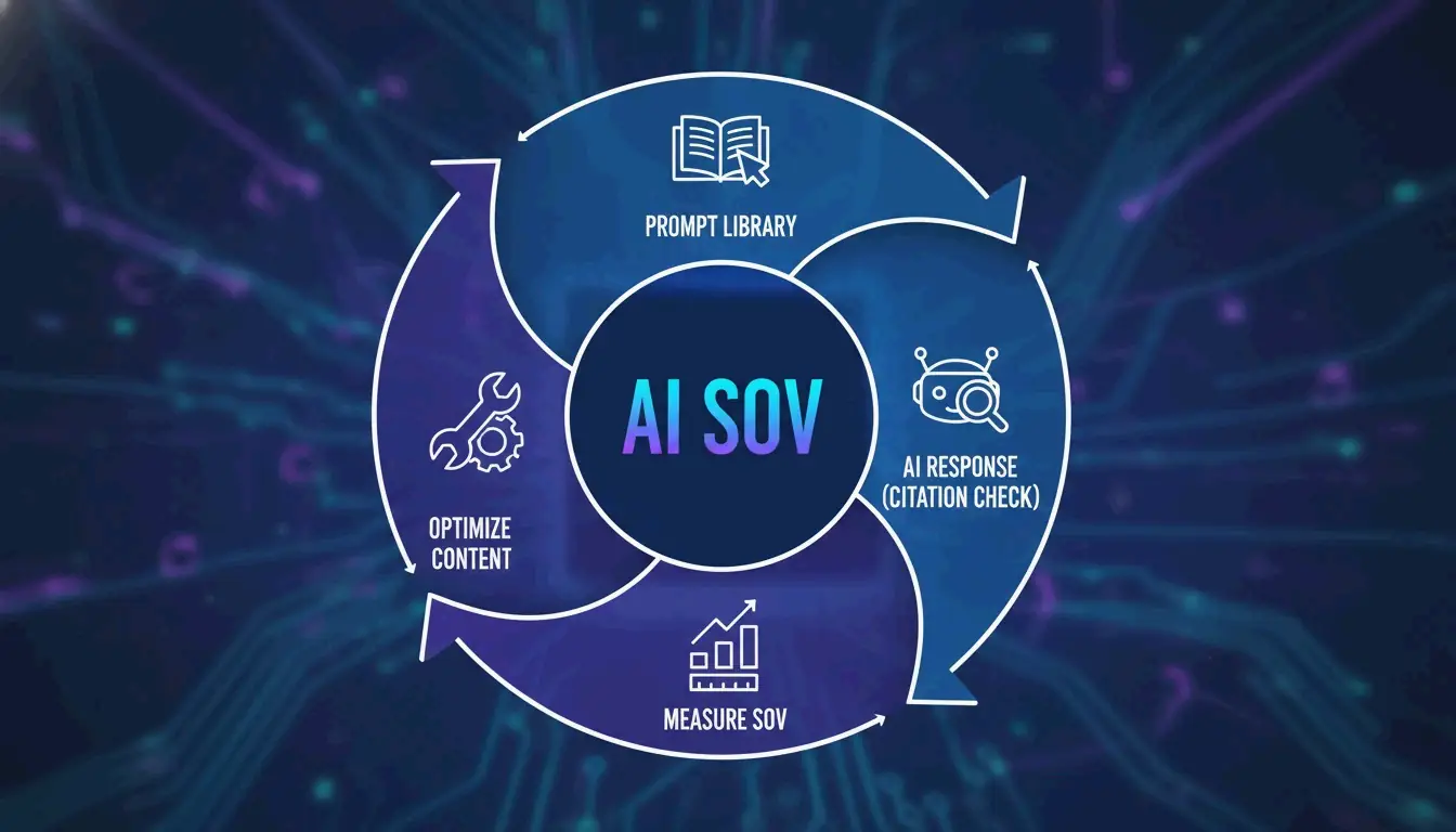 Continuous AI SOV tracking loop: prompt -> AI response -> measure SOV -> optimize