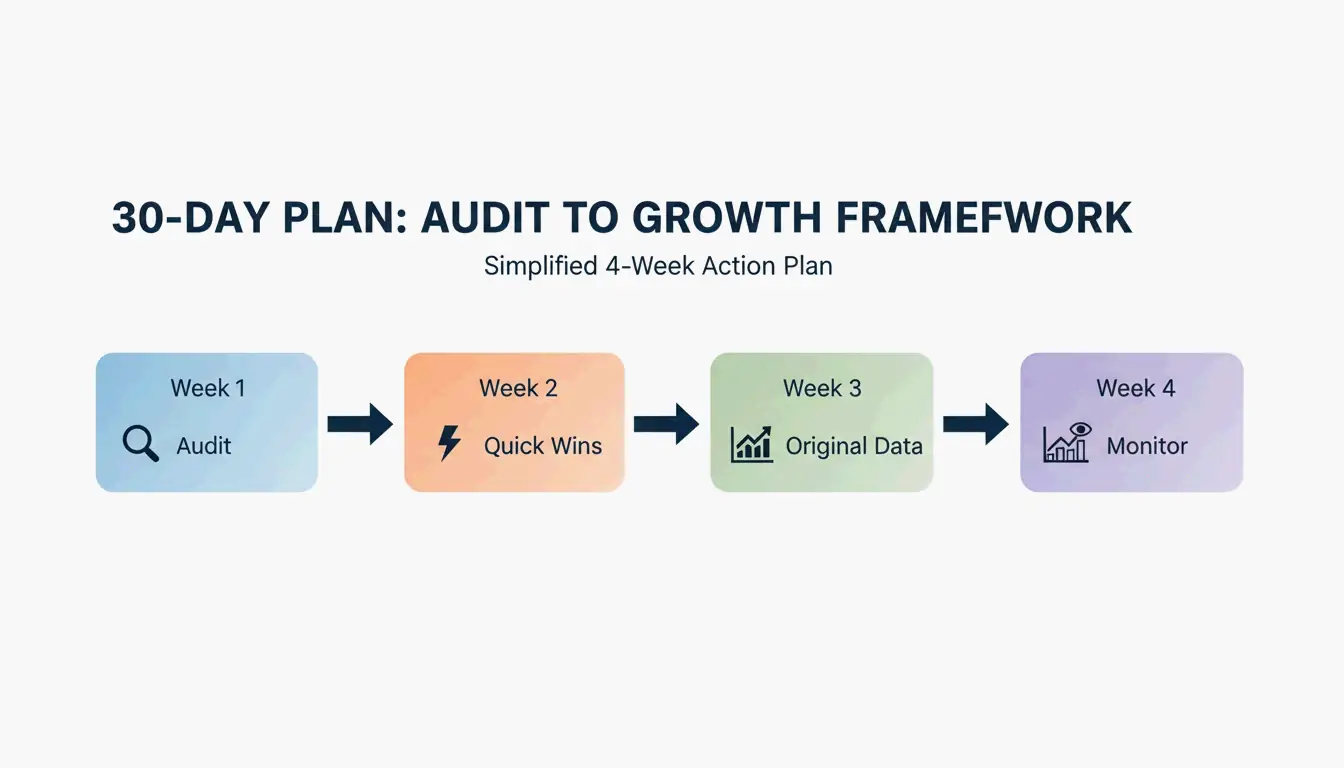 4-week action step diagram: Audit → Structural Optimization → Original Data → Monitoring Iteration