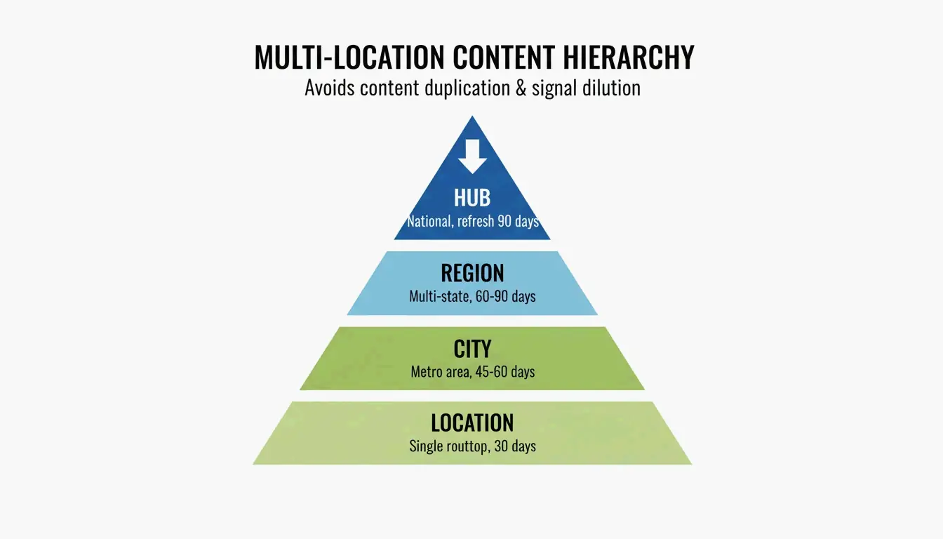 Four-tier content pyramid: Hub to Region to City to Location, each with refresh cadence