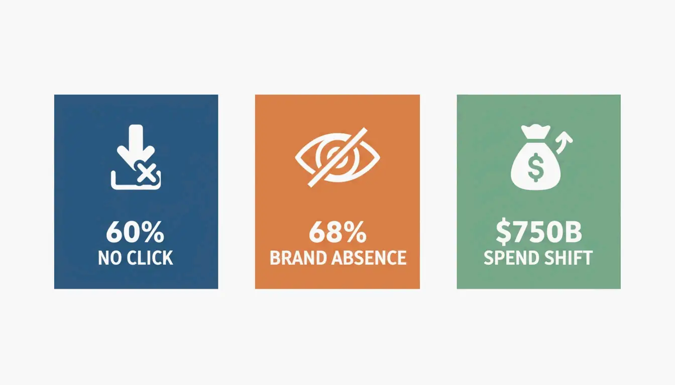 Key statistics: 60% zero-click searches, 68% brands missing, $750 billion consumer shift