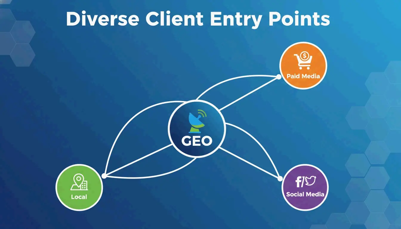 Concept diagram showing three differentiation paths for selling GEO: Paid Media, Social Media, Local