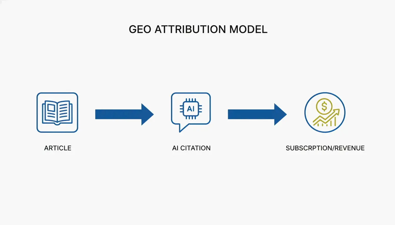 Simplified attribution flow: article to AI citation to brand awareness to subscription/revenue