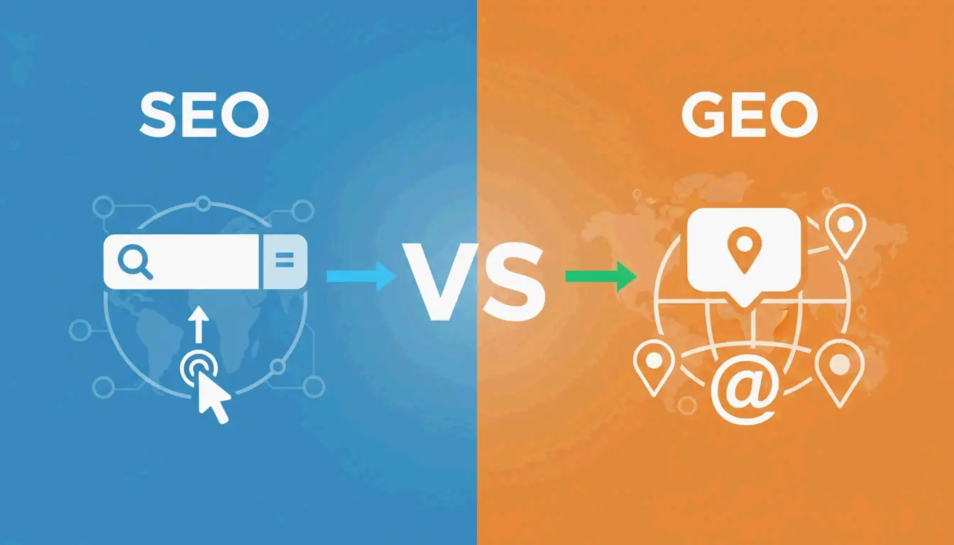 SEO vs GEO comparison: left side SEO clicks, right side GEO citations