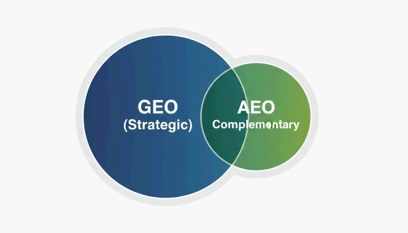 GEO vs AEO: overlapping circles, GEO broader, AEO narrower