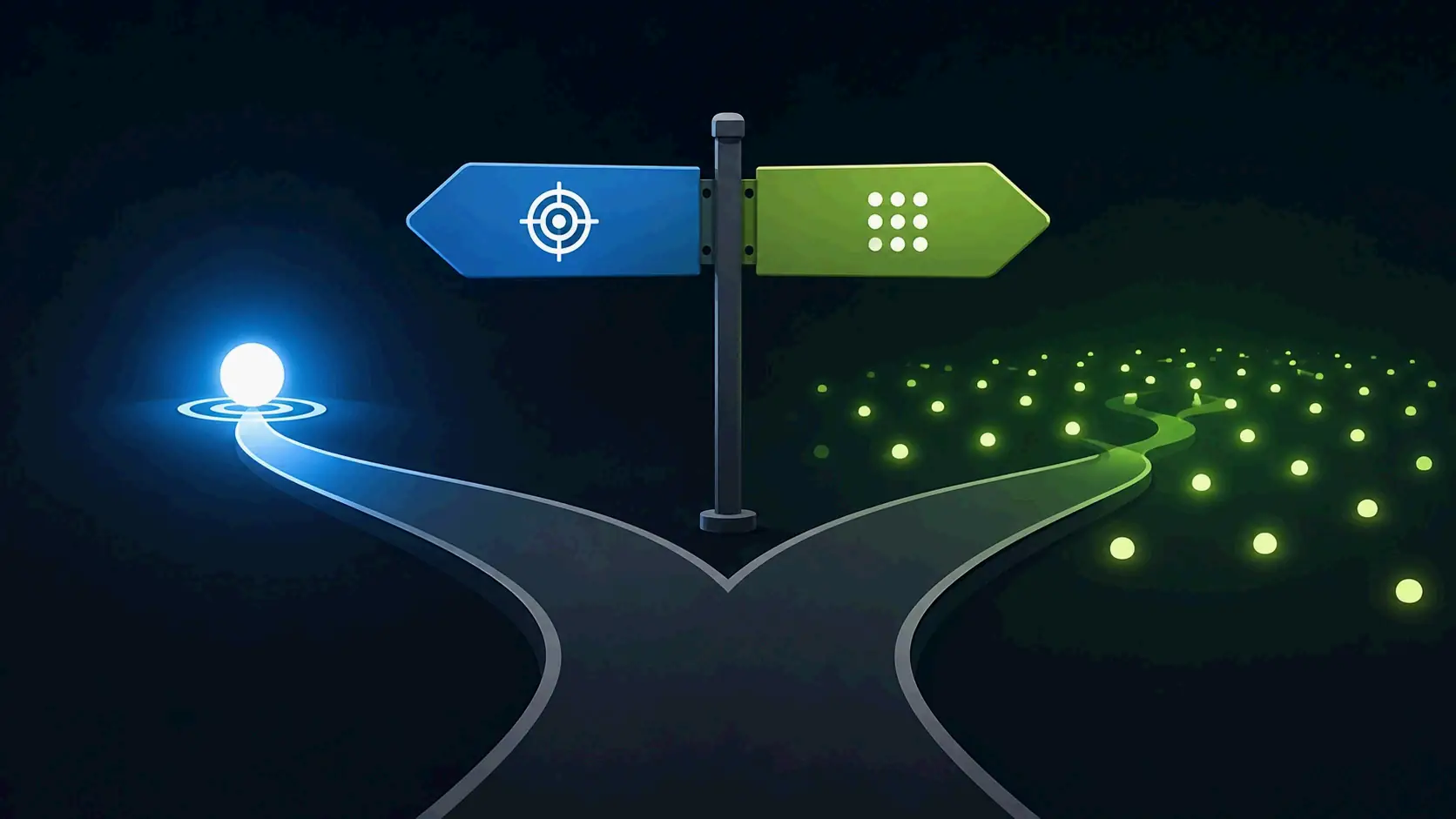 Two diverging roads: one focused on a high-value single page, the other on populating many sites simultaneously