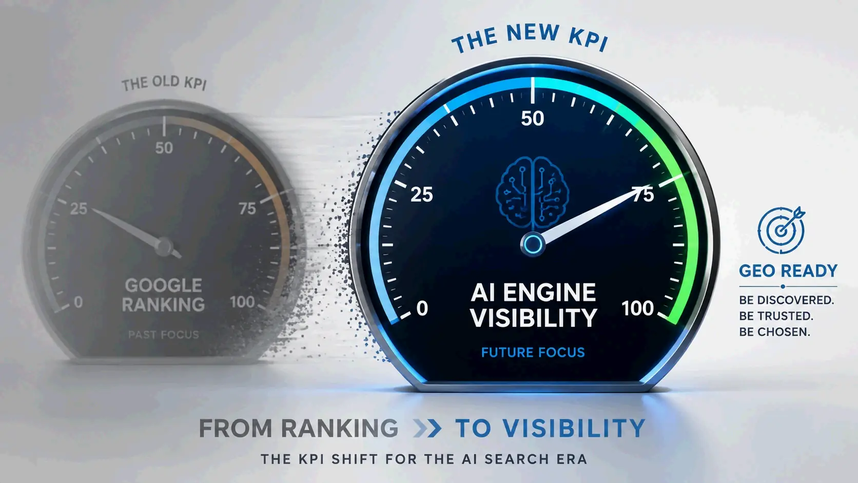 Old KPI vs New KPI: the shift from Google rankings to AI engine visibility, a simple visual metaphor of one metric replacing another.