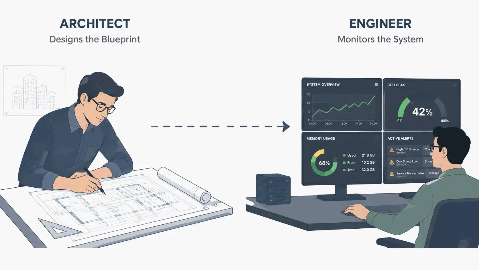 Architect vs engineer comparison: one draws blueprints, the other builds and monitors, minimalist illustration highlighting the difference in roles.
