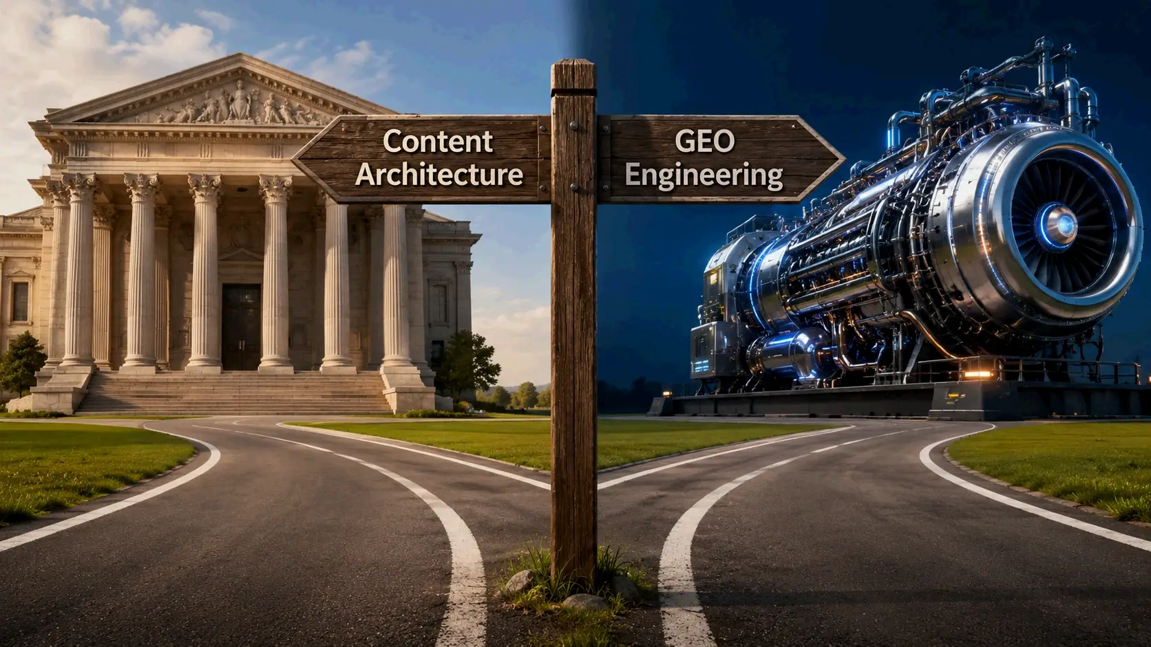 Fork in the road: one path marked 'Content Architect', the other 'GEO Engineer', reinforcing the conclusion and final impression.