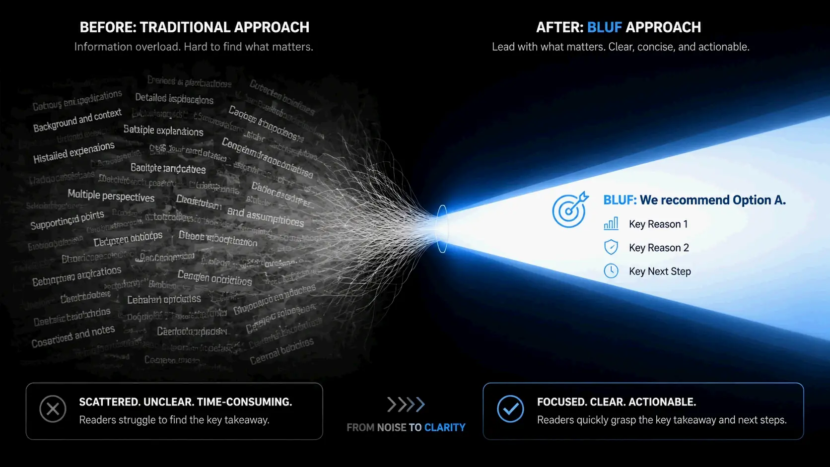 Content structure comparison: Traditional writing vs BLUF optimized style