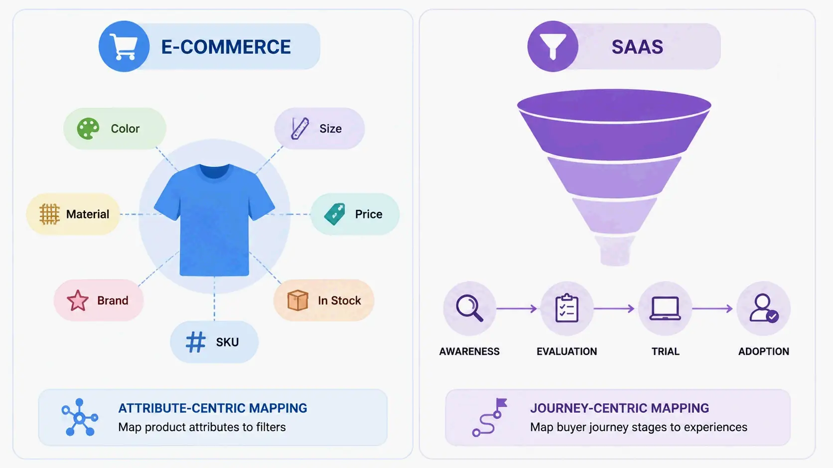 Comparison of SaaS vs. E-commerce content maps: Organizing by buyer's journey vs. by product attributes