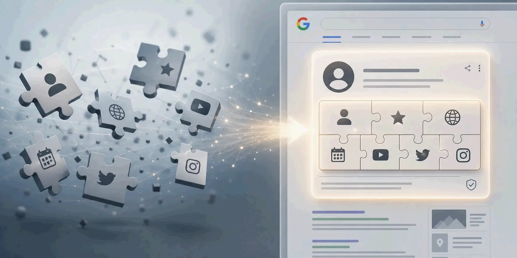 A simple side-by-side metaphor: on the left, scattered and inconsistent building blocks labeled with different names, dates, and logos; on the right, the same blocks neatly aligned into a single, clear, illuminated Knowledge Panel box on a search results page.