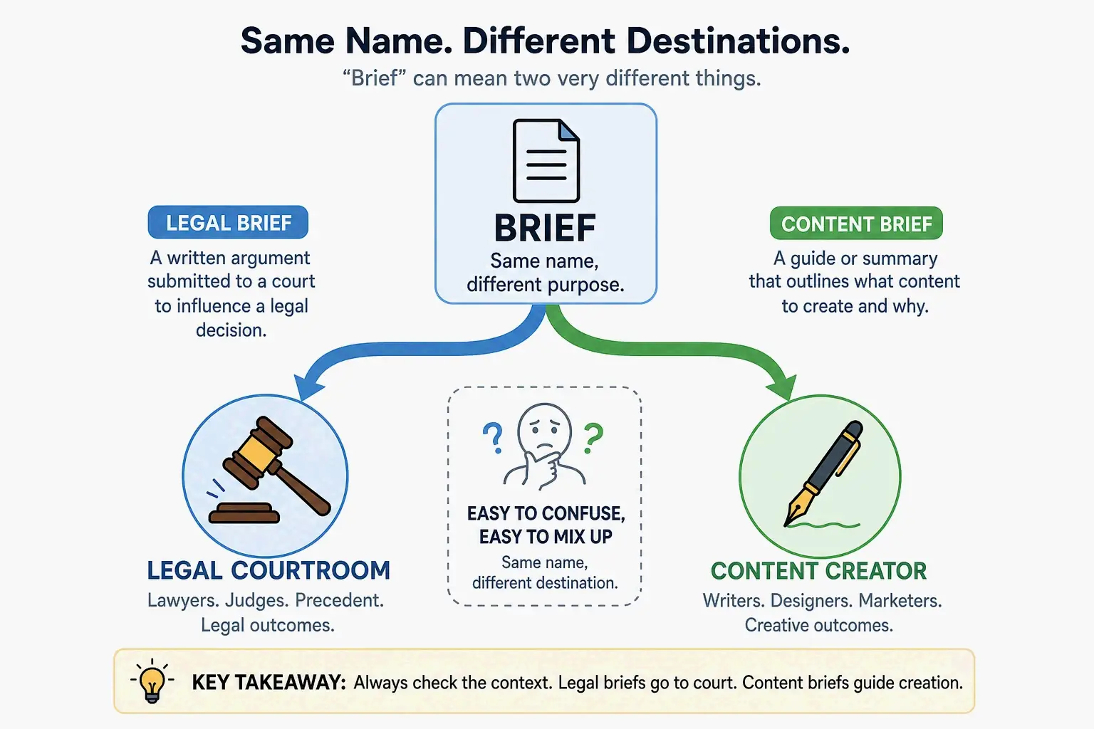 Comparison diagram of legal briefs vs. writers briefs showing divergent paths.