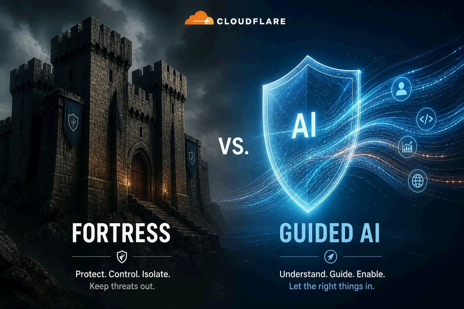 Two shields side by side: a heavy 'Fortress' and a glowing 'Guided AI', showing contrast.
