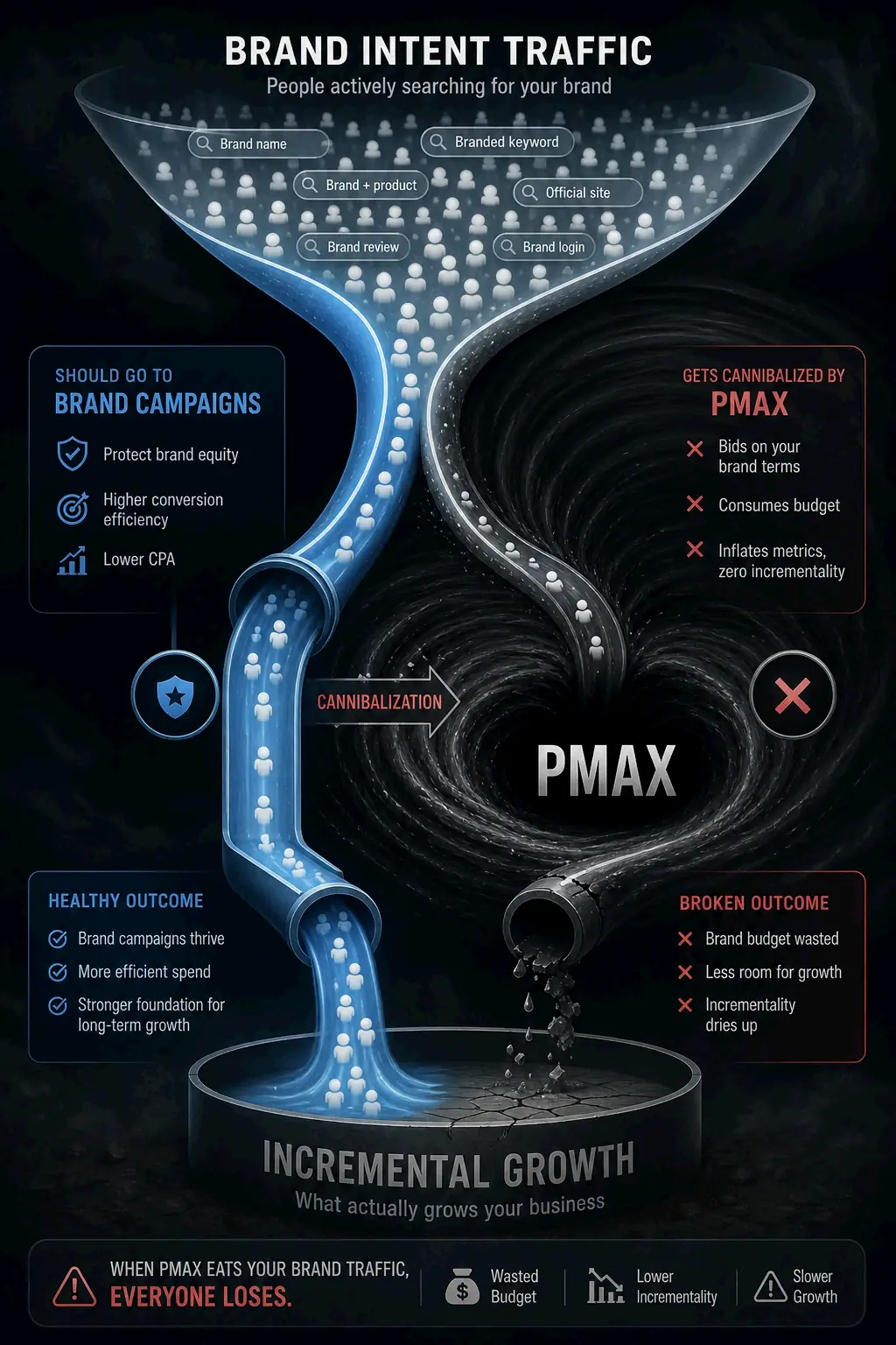 PMax like a black hole sucking in brand campaign traffic, confusing true growth data.