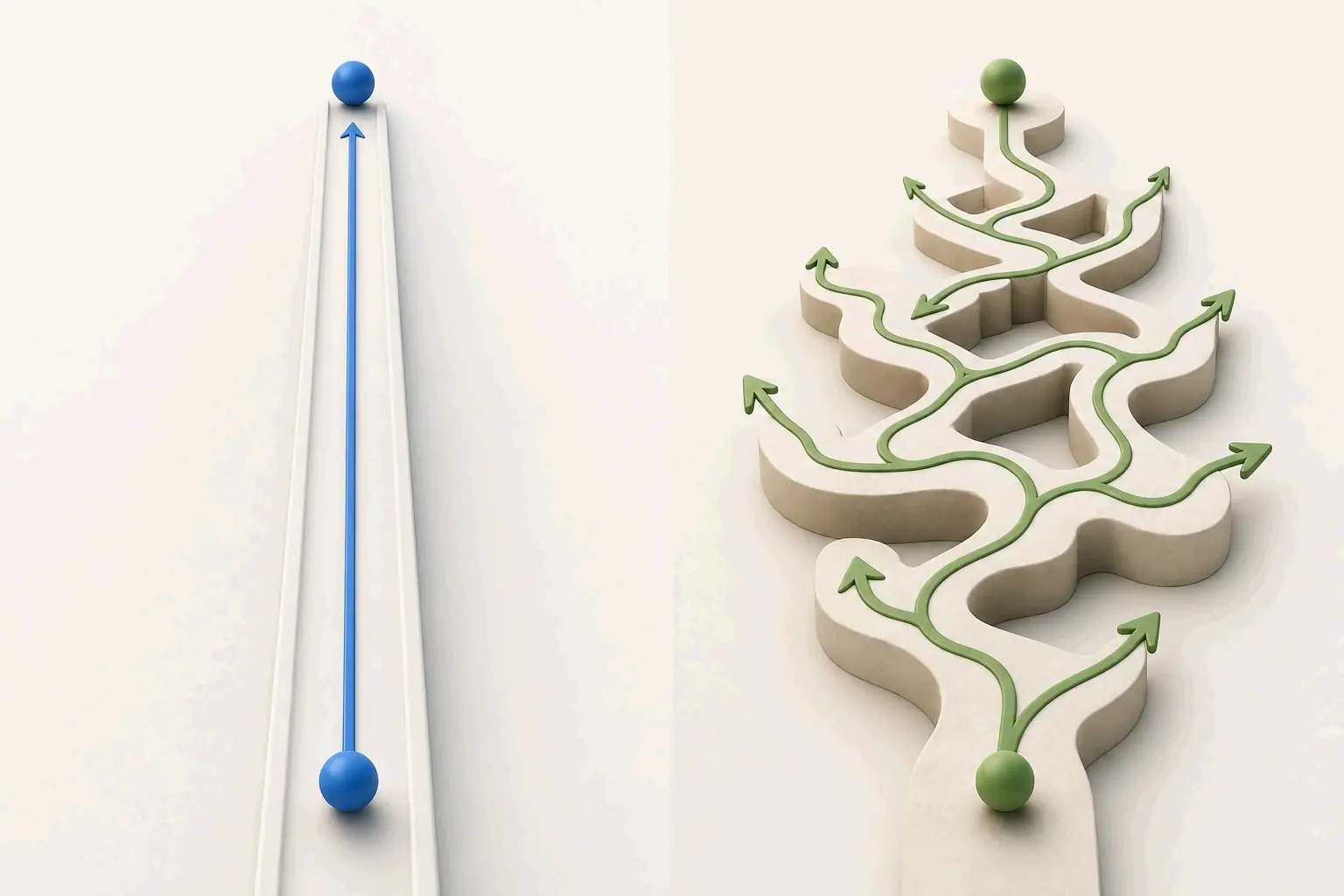 Perplexity concept comparison: AI is a smooth predictable path, while human writing is full of jumps and unexpected turns