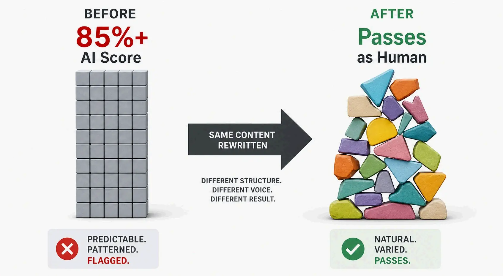 Minimalist before-and-after infographic: left side “AI Output” with uniform blocks scoring 85%+, right side “Manual Rewrite” with irregular fragments that pass as human, connected by an arrow