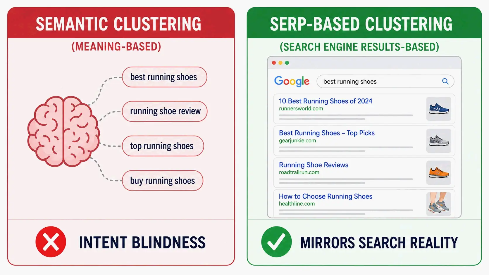 Comparison of semantic clustering (word-based) and SERP-based clustering (URL overlap)