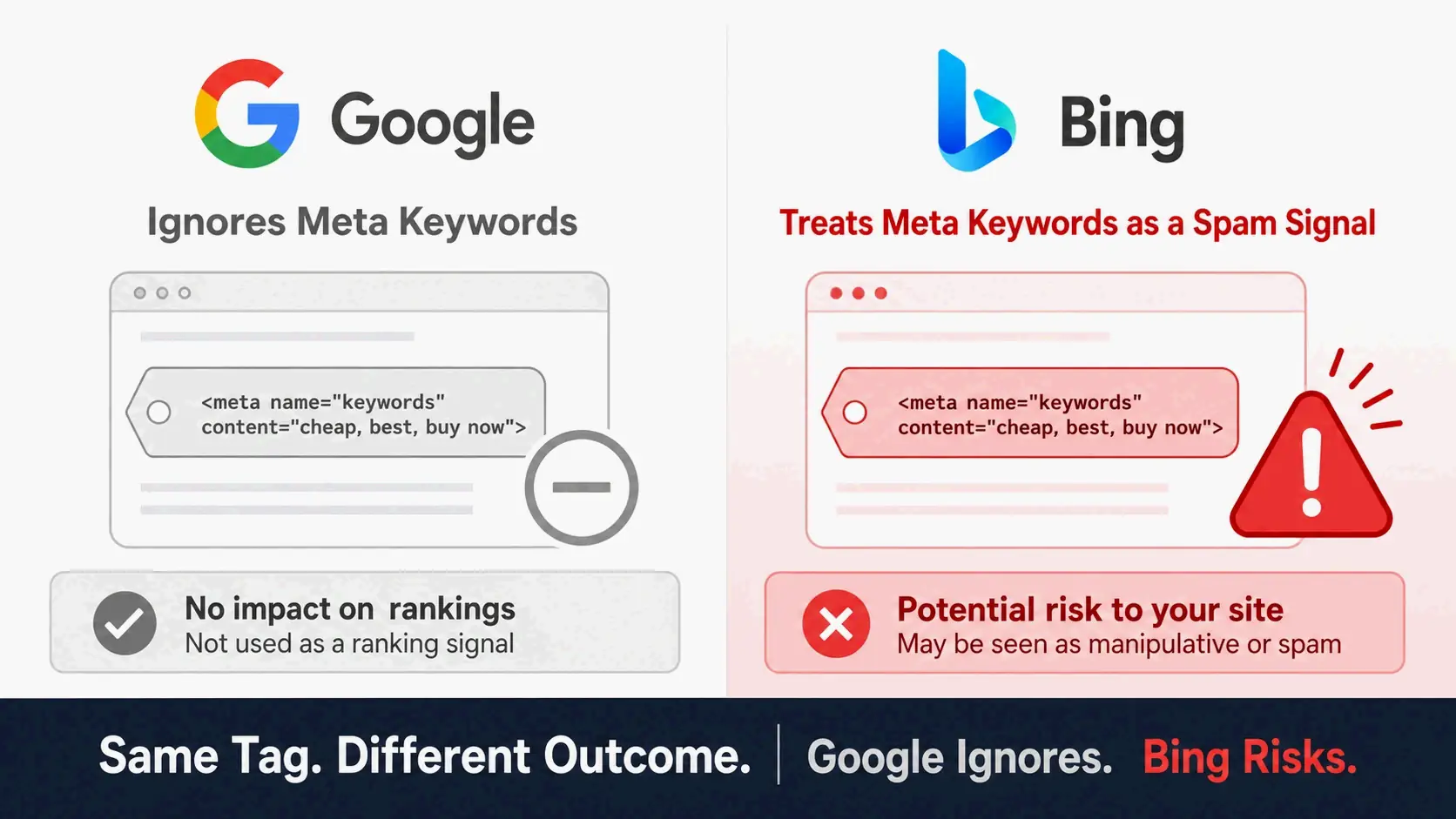 对比概念图:一个标签在Google侧被忽略(灰色),在Bing侧亮起红色警示灯