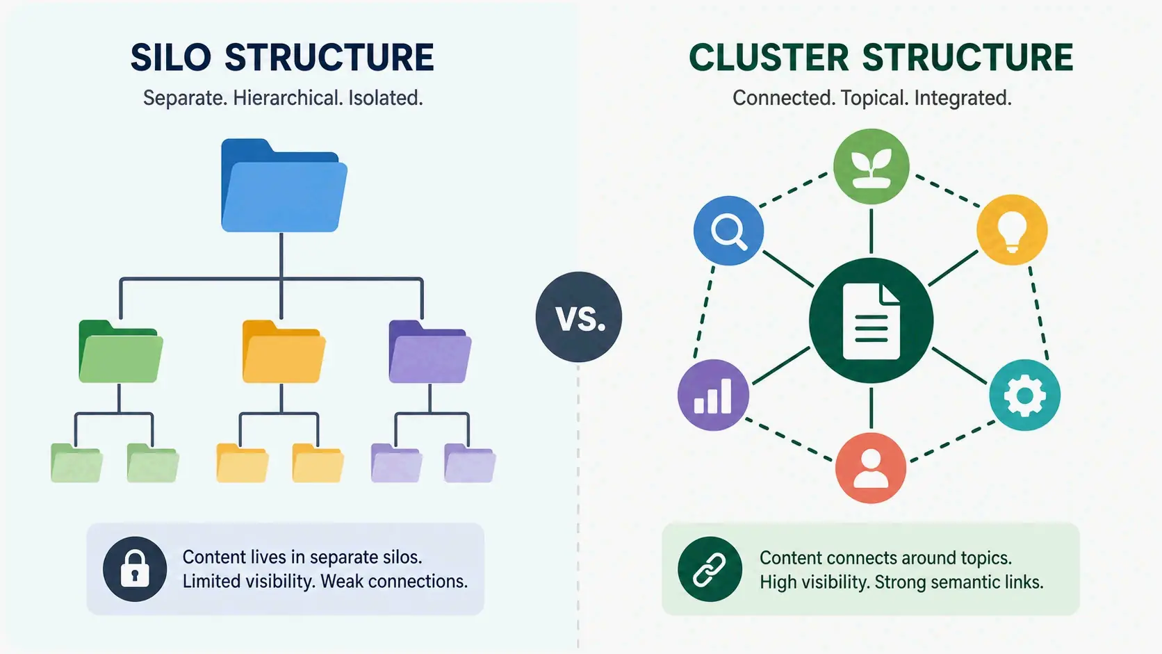Topic Cluster vs. Content Silo lightweight comparison: semantic links vs. hierarchical folder structure