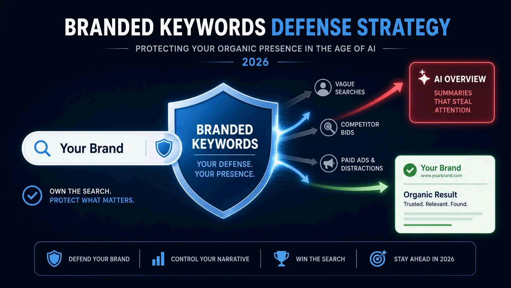 A shield icon formed by search terms protecting a brand's organic listing and Knowledge Panel from competitor ads and AI Overviews.