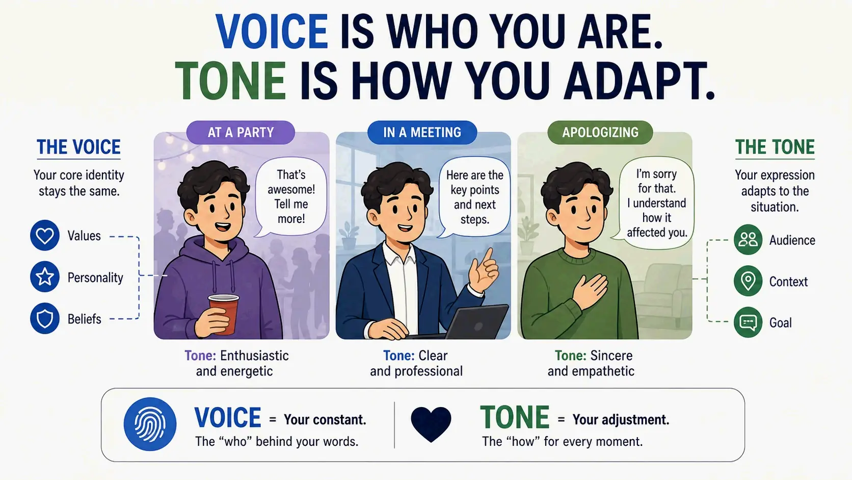 Brand voice vs. tone: constant personality adapting to different scenarios