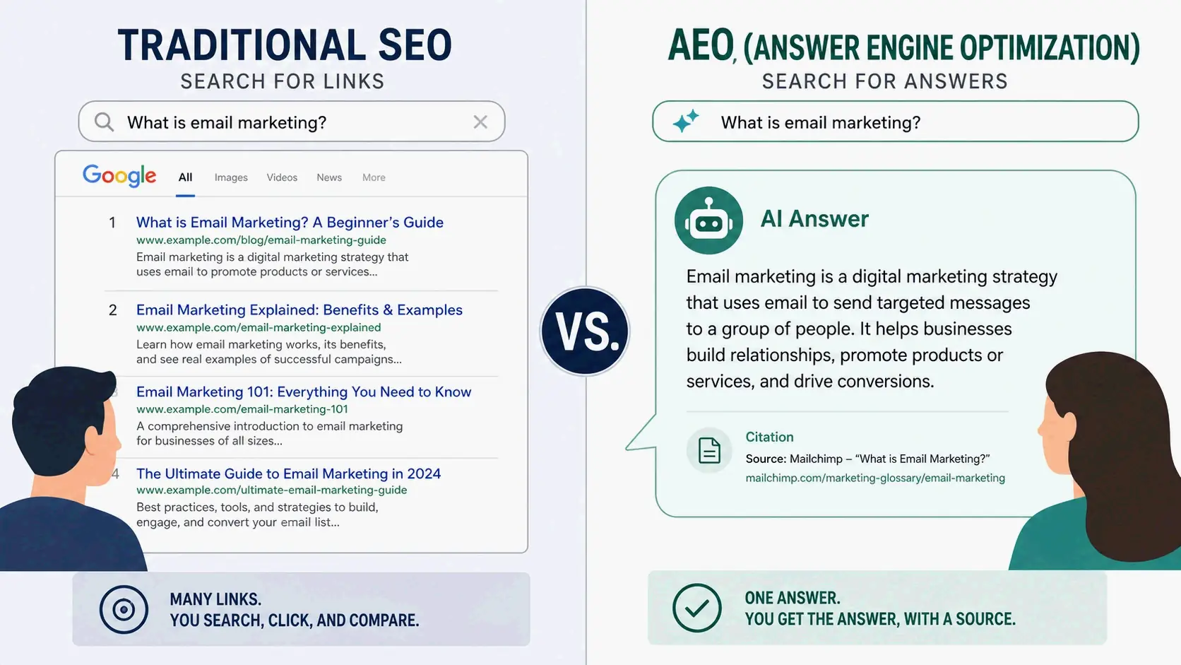 A minimalist comparison: a user clicking a blue link from a list (old SEO) versus a user receiving a direct, cited answer from an AI.