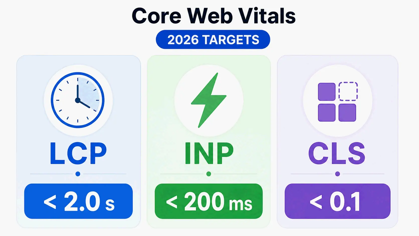 Core Web Vitals 2026 targets overview: LCP <2.0s, INP <200ms, CLS <0.1
