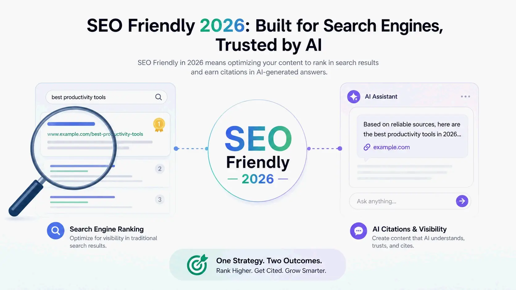 Core concept of SEO friendly in 2026: intersection of traditional search optimization and AI-generated search